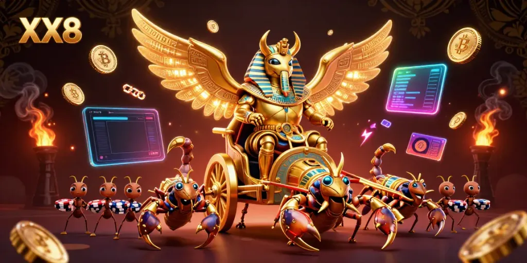 Experience winnings with XX8 in a vibrant casino scene featuring colorful characters and crypto elements.