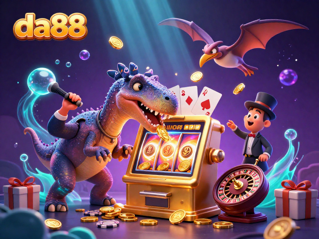da88 features a pachycephalosaurus hitting a golden slot machine while coins fly, showcasing a vibrant casino scene.