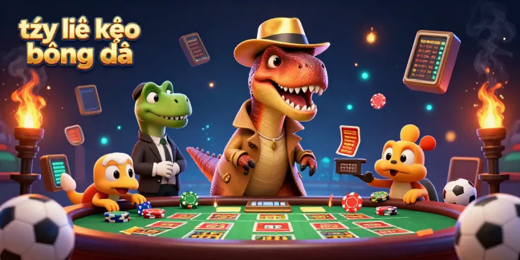 Engage with tỷ lệ kèo bóng đá in a thrilling betting scene featuring a velociraptor card counter at a sports table.