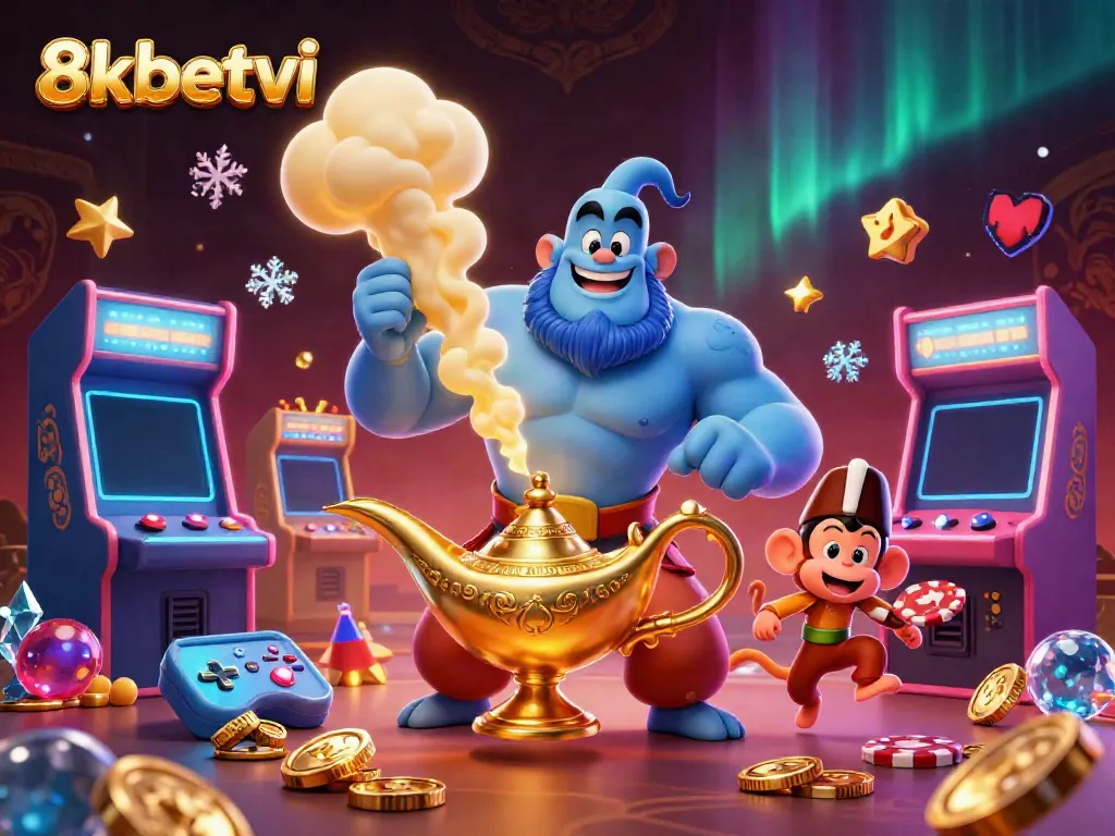 Engage with 8xbetvi in a vibrant 3D casino scene featuring a genie, monkey, and a magic carpet