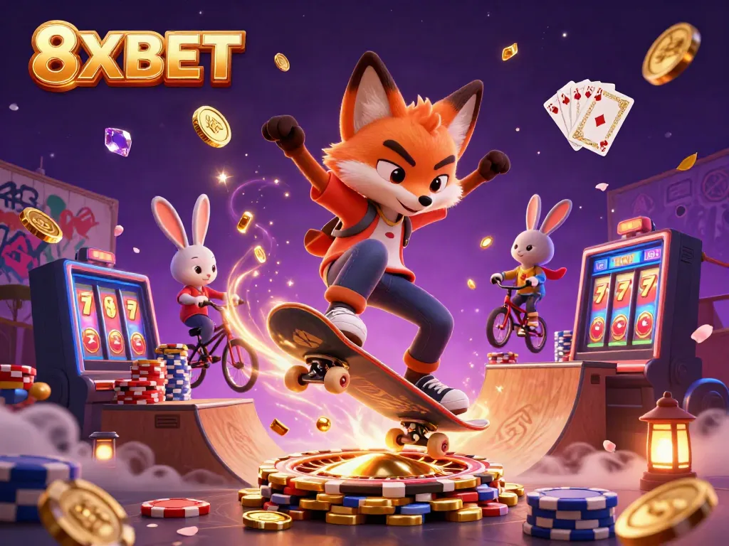 Experience the excitement of 8XBET through a dynamic 3D casino illustration with lively characters.