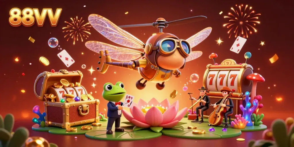 Engage with 88VV at this vibrant casino scene featuring flying characters and animated gambling elements.