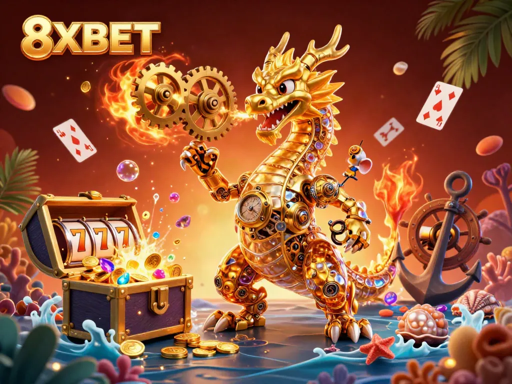 Experience thrilling slots with 8XBET in this dynamic underwater casino scene featuring a golden dragon.