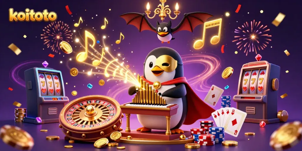 Menggunakan koitoto, penguin opera bermain organ yang memancarkan koin emas dalam suasana kasino yang meriah.
