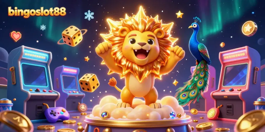 Gambarlah bingoslot88 dengan singa matahari cerah dan dadu emas, menghidupkan suasana kasino online.