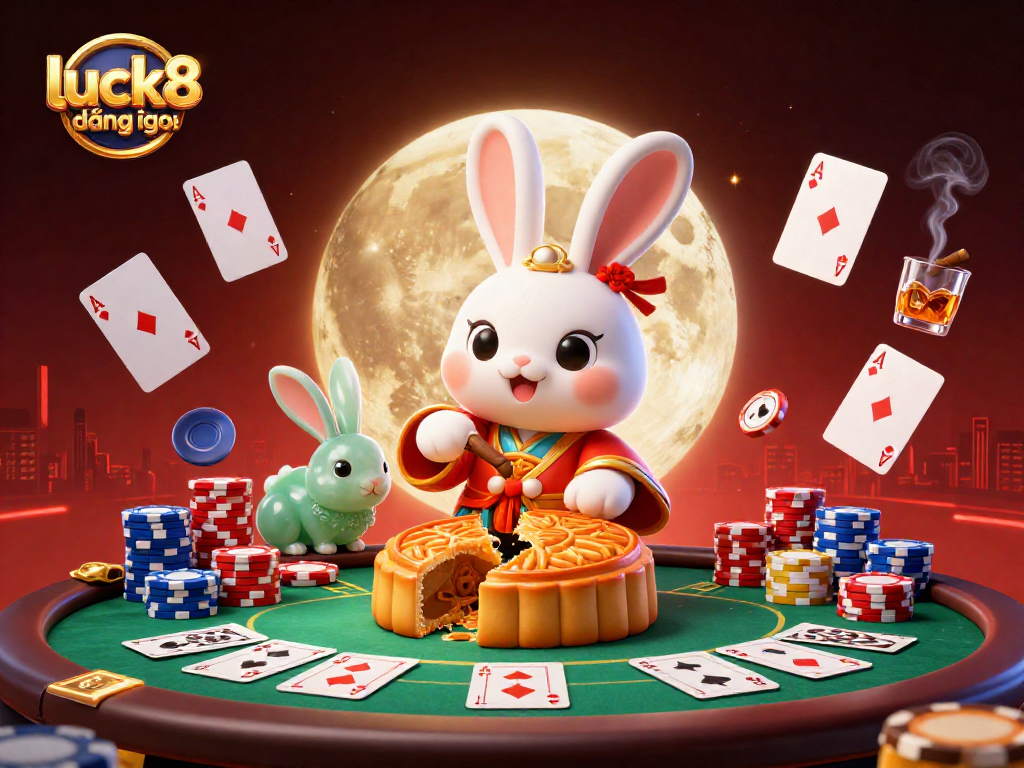 Experience luck8 đăng nhập with a 3D scene featuring moon rabbits amidst vibrant poker elements.