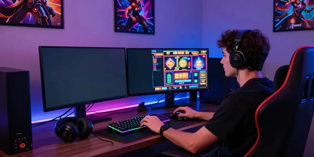 Player enjoying link gacor slot game on a stylish gaming setup with vibrant lighting and colorful graphics.