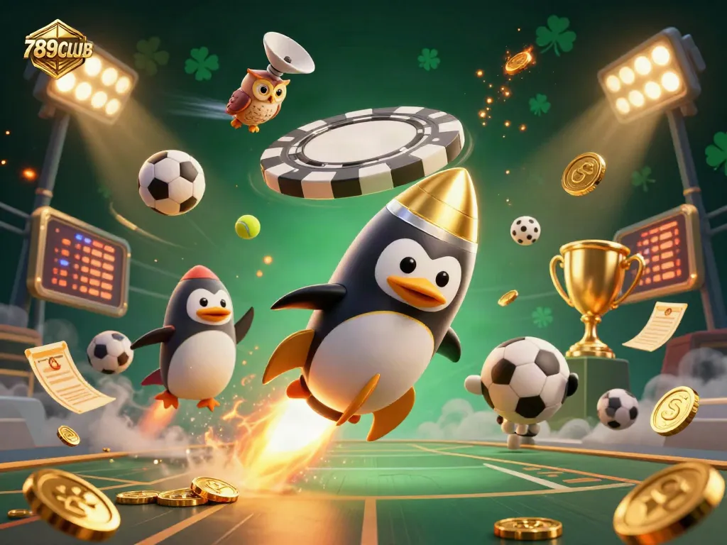 Experience the thrill of 789CLUB with a golden penguin and vibrant casino elements.