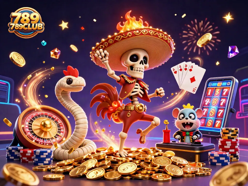 Win big at 789CLUB with vibrant casino characters dancing among gold coins and roulette wheels.
