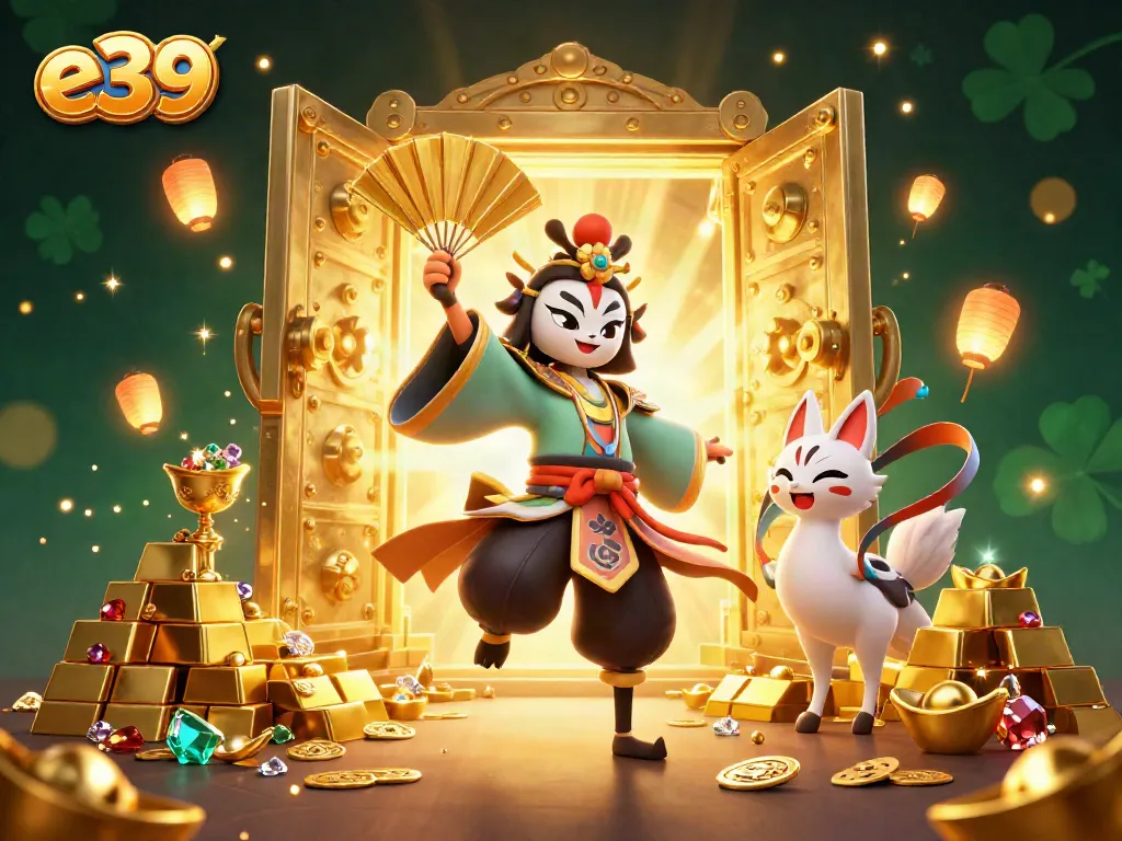 Experience the excitement at e39 with a vibrant 3D scene featuring a kabuki warrior, treasure, and festive elements