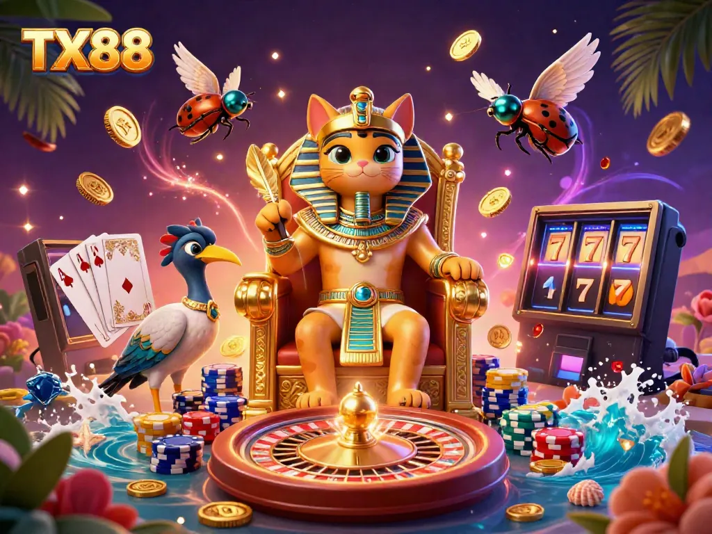 Experience thrilling gambling with TX88 in a vibrant, dynamic casino scene featuring Egyptian characters and game elements.