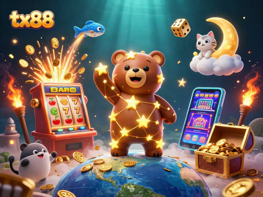 Engage with tx88's vibrant casino scene, where golden coins and lucky symbols illuminate the night sky.