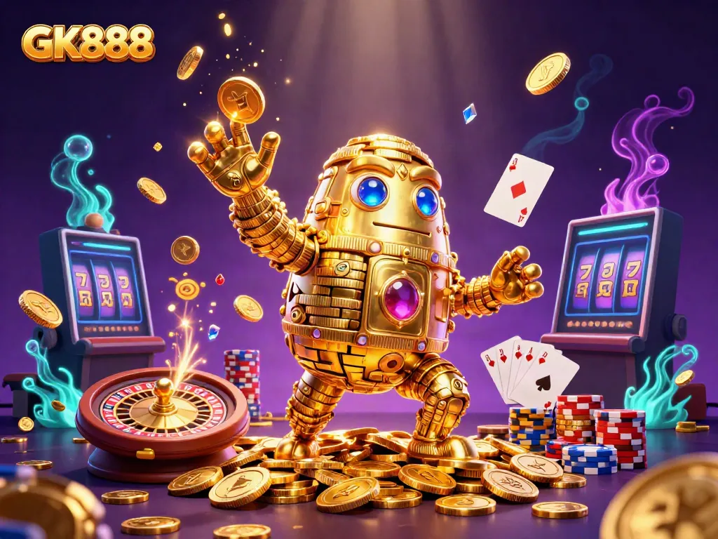 GK888 showcases a vibrant casino scene with a golden golem, winning symbols, and dynamic gaming elements.