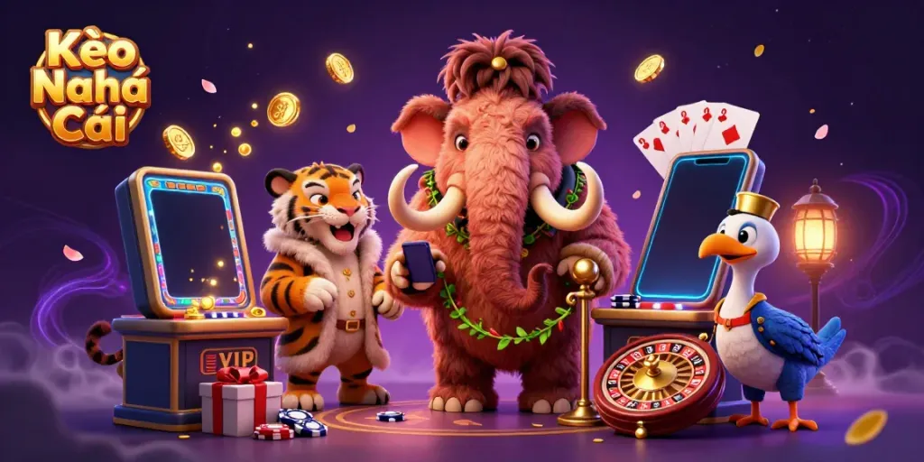 Kèo Nhà Cái showcases a vibrant scene with a woolly mammoth bouncer, saber-tooth VIP, and dodo doorman amidst casino elements.