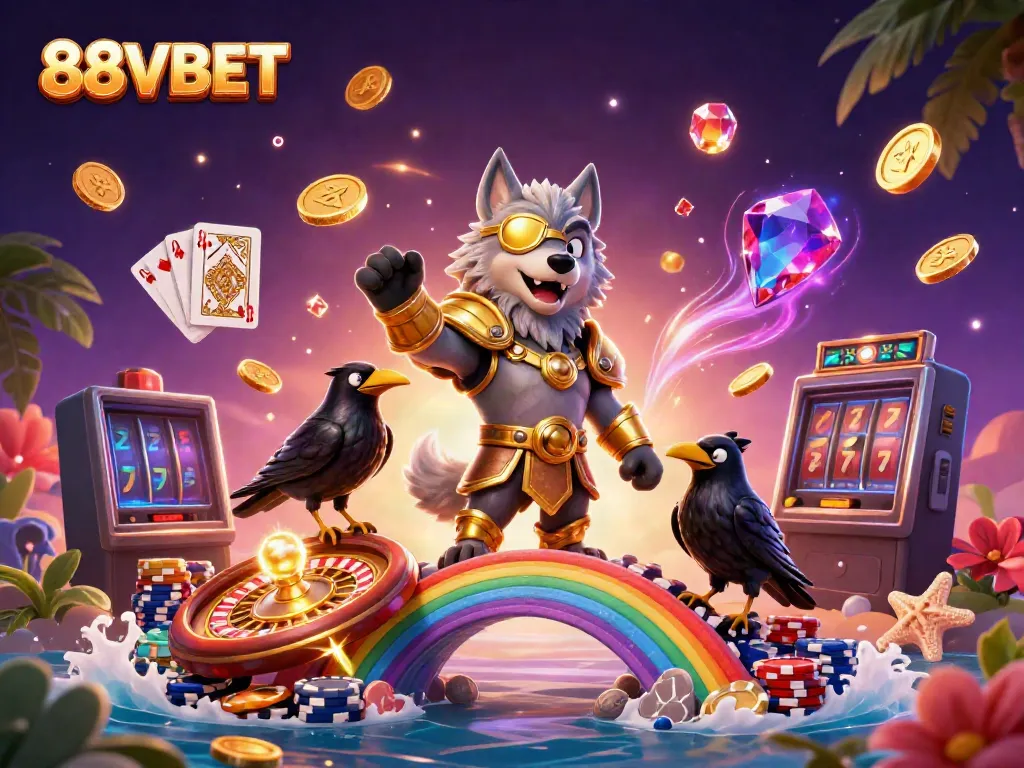 Immerse in the vibrant 88VBET virtual casino world with Odin and ravens amid a magical chip bridge.
