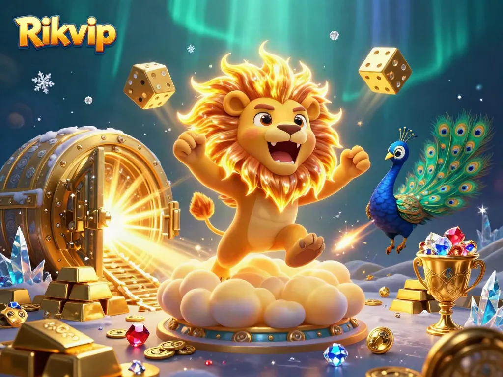 Engage with Rikvip's exciting online casino adventure in a vibrant 3D illustration filled with treasures and action.