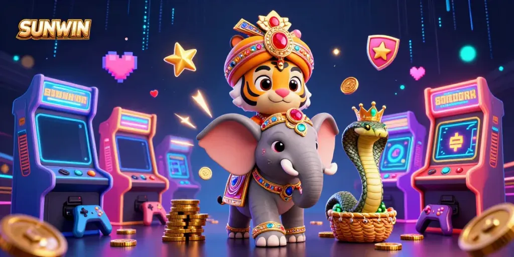 SUNWIN showcases an enchanting 3D scene featuring a maharaja tiger, a jewel elephant, and vibrant arcade elements for a thrilling gaming atmosphere.