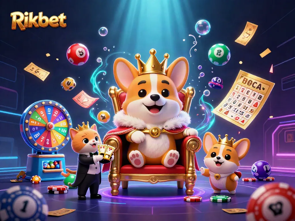 Rikbet brings excitement with a vibrant 3D cartoon scene showing a royal corgi and games of chance.