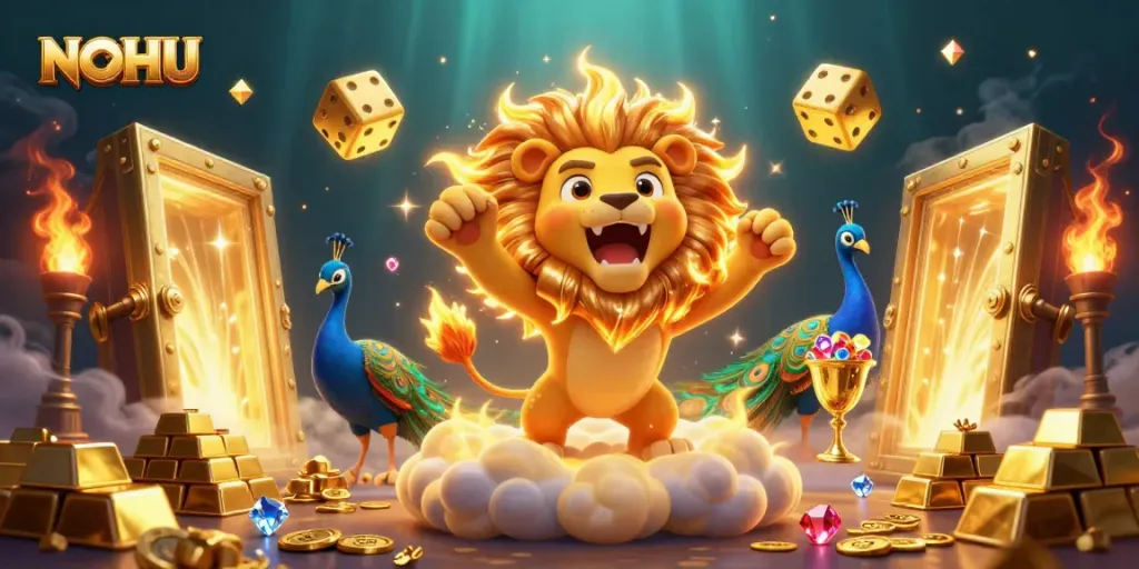 Spin jackpots with NOHU's golden lion amidst treasures in a vibrant casino universe.