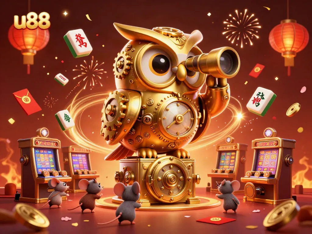 Experience thrilling entertainment with u88 in this vibrant 3D casino scene featuring a golden owl and slot machines.