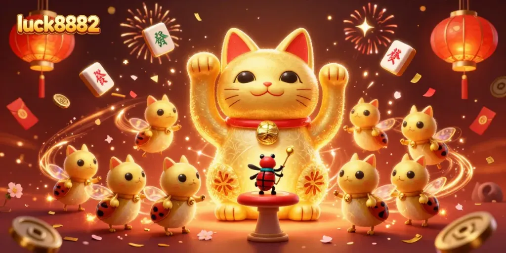 Engage with the immersive atmosphere of luck8882's vibrant casino experience featuring golden fireflies and lucky symbols.