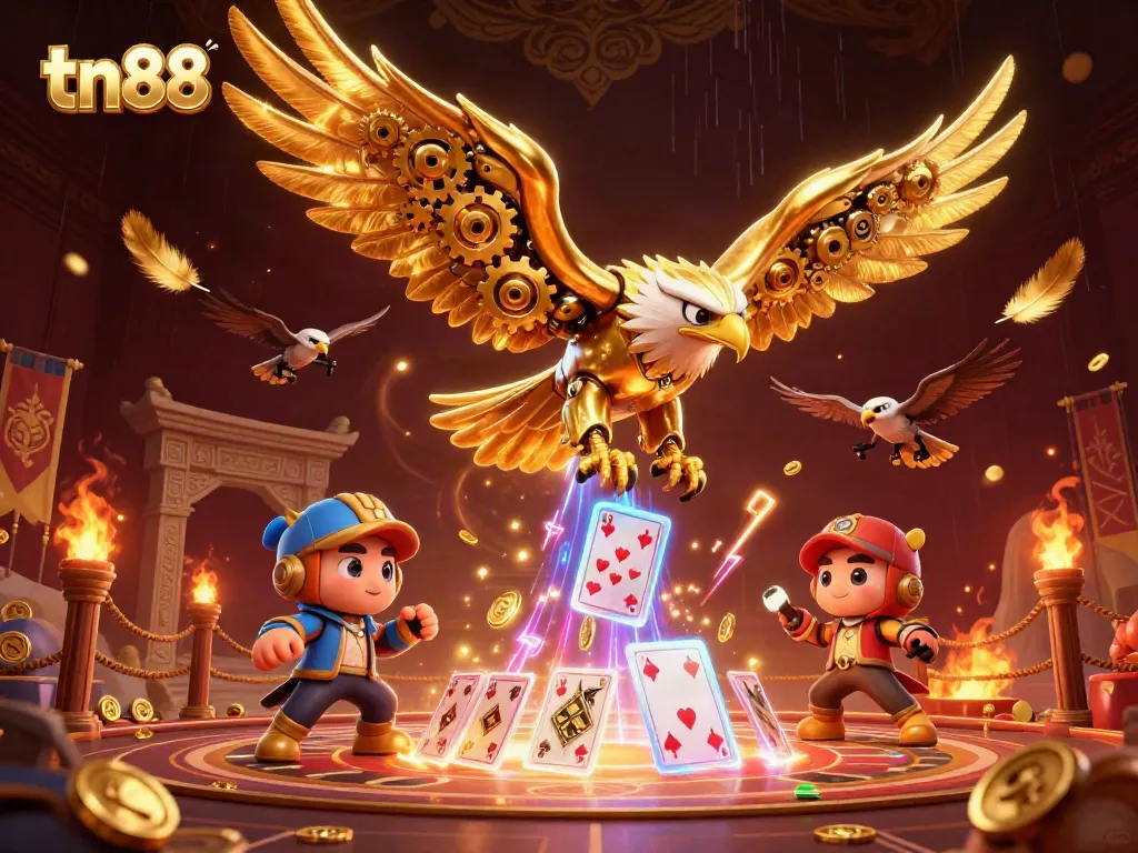 Tn88 players enjoy dynamic 3D casino action with holographic cards and a cybernetic eagle.