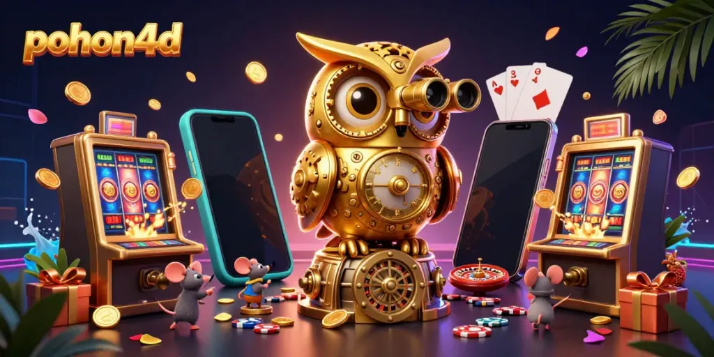Engage in thrilling gameplay at pohon4d with our golden owl and charming mice on a vibrant casino floor.