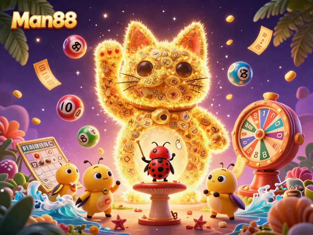 Engage with the vibrant Man88 casino scene featuring lucky symbols, golden fireflies, and dynamic game elements.