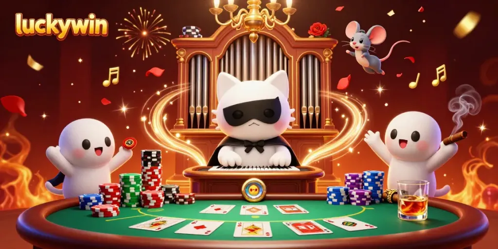 Experience the thrill of gambling at Luckywin with vibrant casino characters and celebratory elements.