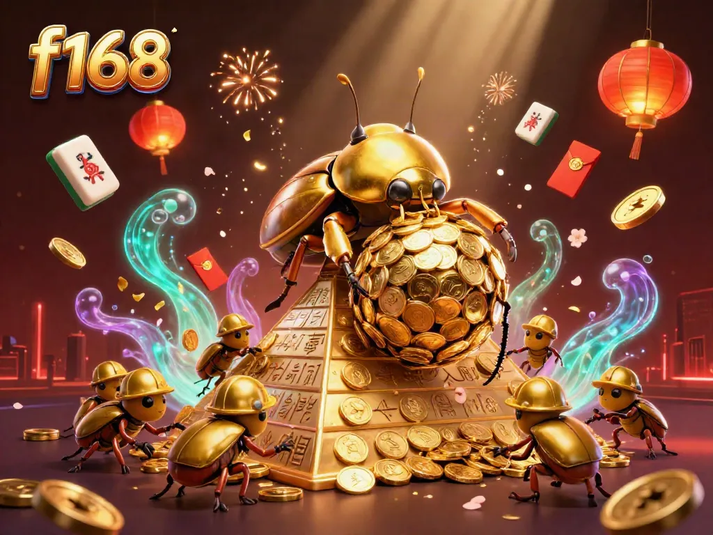 Experience thrilling gaming at f168 with a vibrant scene featuring gold coins and festive elements.