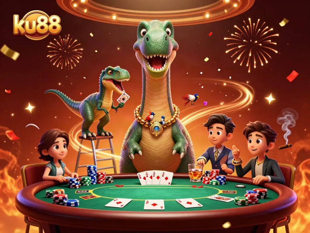 Play exciting poker at ku88 with a massive brontosaurus looking down from above.