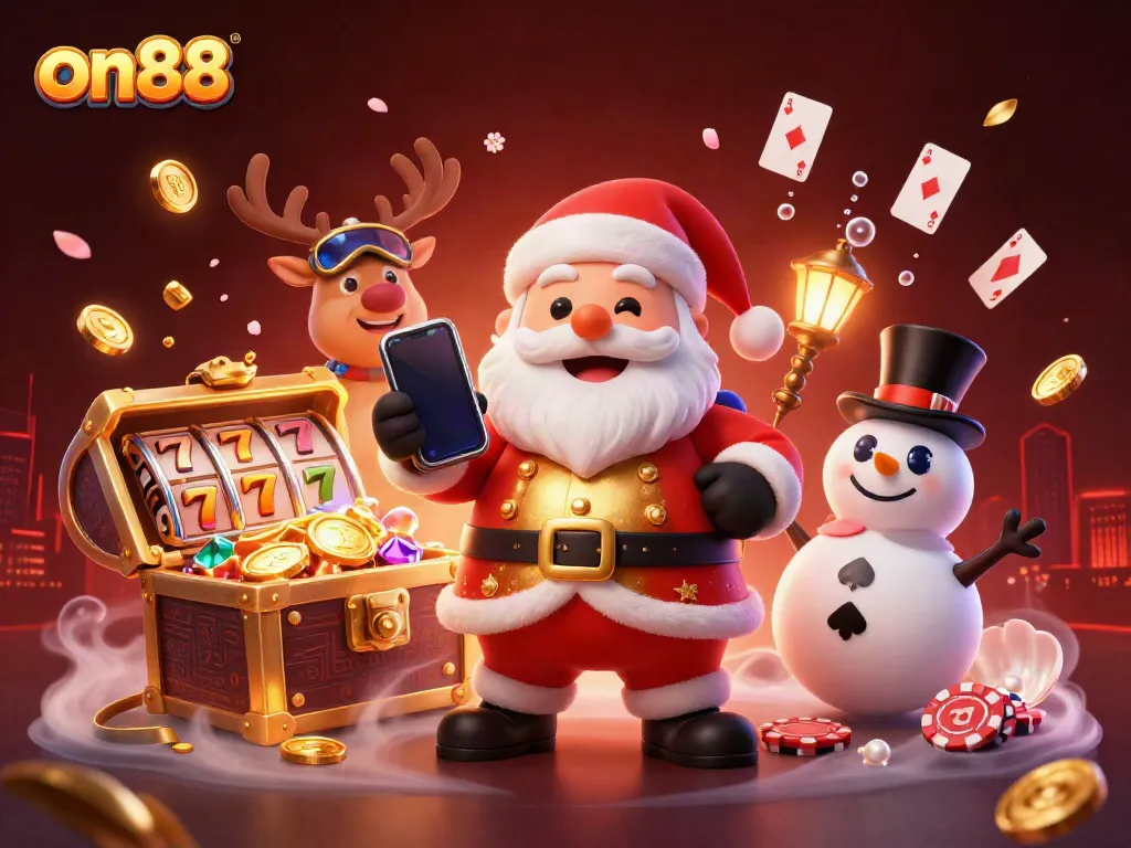 Engage in the excitement of on88 with Santa, his reindeer, and a snowman celebrating jackpots and casino fun.