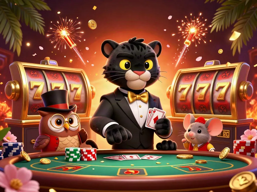 Hitclub gambling scene featuring a stylish panther dealing cards, enhanced by casino elements.