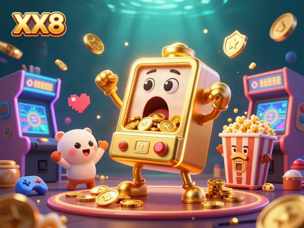 XX8 slot machine hits jackpot with coins pouring out in a vibrant casino scene