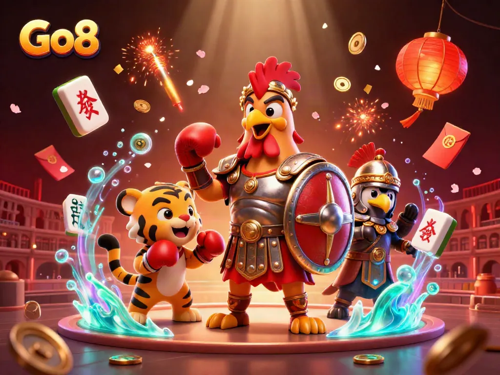 Engage with the Go8 casino experience featuring a lively 3D scene of spirited characters in a vibrant gaming arena.