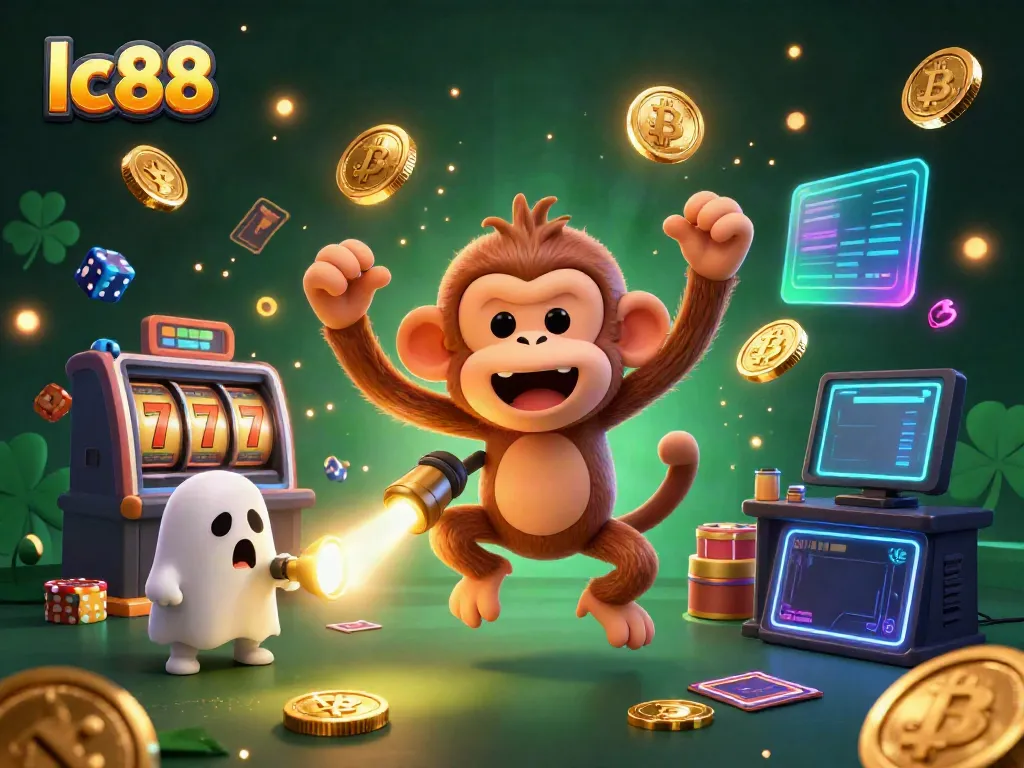 Engage with the thrilling lc88 casino scene featuring a playful poltergeist monkey and ghost-hunter puppy amidst vibrant, dynamic elements.