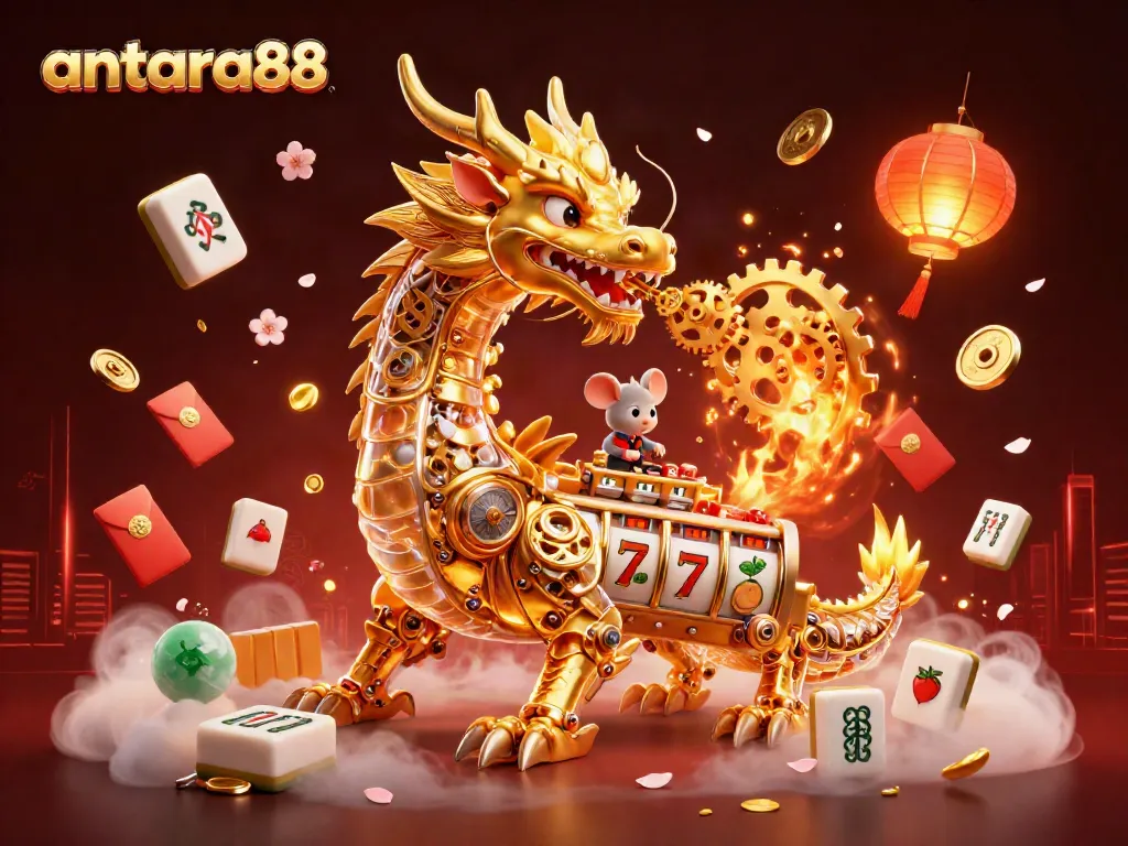 Experience the excitement of antara88 with a golden dragon breathing gears amidst vibrant slot game elements.