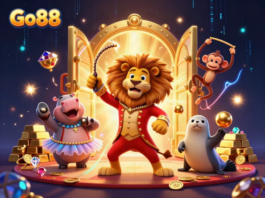 Engage with the excitement of Go88, featuring vibrant circus-themed characters amidst dazzling treasure and casino elements.