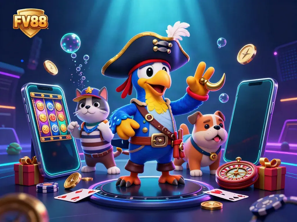 Engage in thrilling gaming adventures with FV88 as a vibrant scene unfolds featuring whimsical pirate characters surrounding colorful slot games.