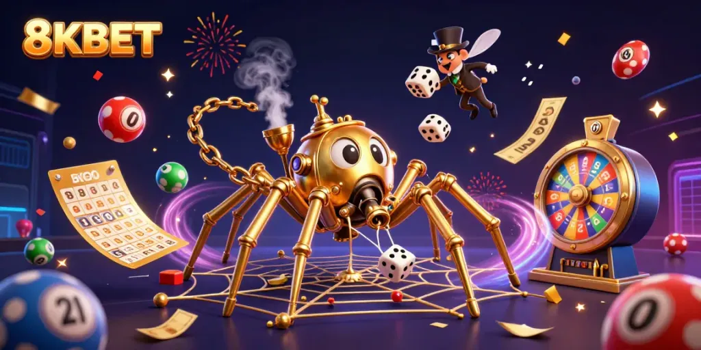 Experience the thrilling world of 8KBET with a golden steampunk spider, captivating lottery elements, and vibrant confetti.