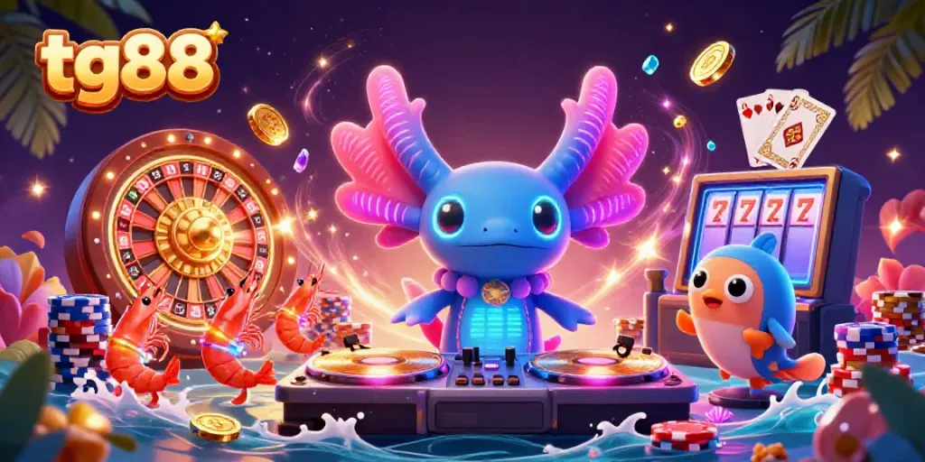 Experience the vibrant energy of tg88 with a neon axolotl DJ enchanting a casino underwater scene.