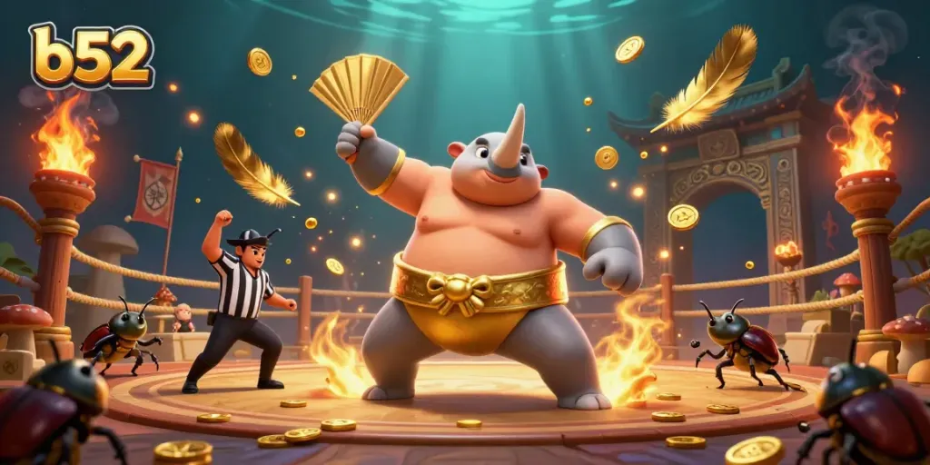 Engage in thrilling b52 gameplay with a sumo champion beetle and golden coins flying!