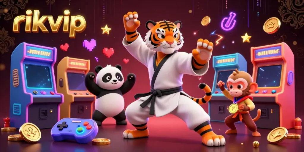 Experience thrilling action with rikvip as kung fu characters and arcade machines illuminate the casino scene.