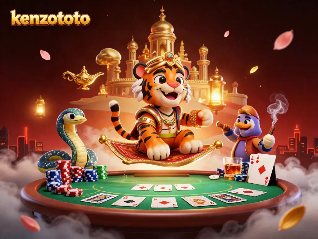 Experience kenzototo gaming excitement with a vivid illustration of casino motifs and characters.