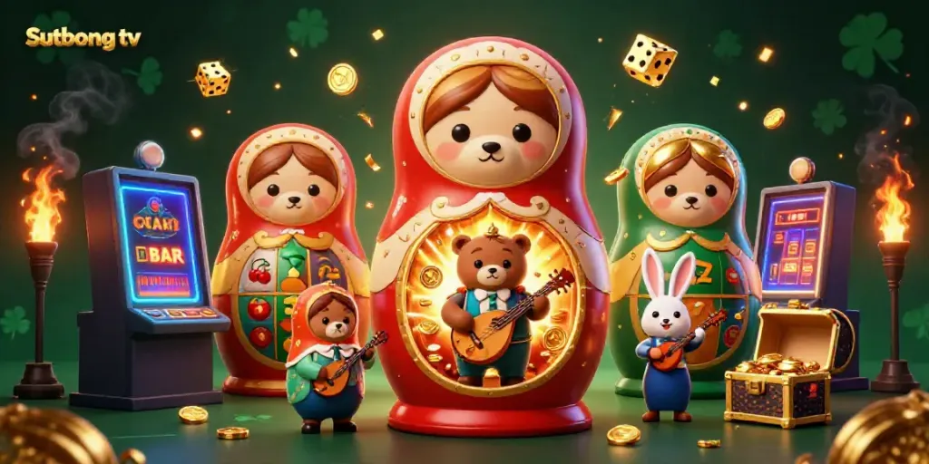 Sutbong tv showcases thrilling 3D cartoon bears in casino attire, celebrating wins amidst vibrant gaming elements.
