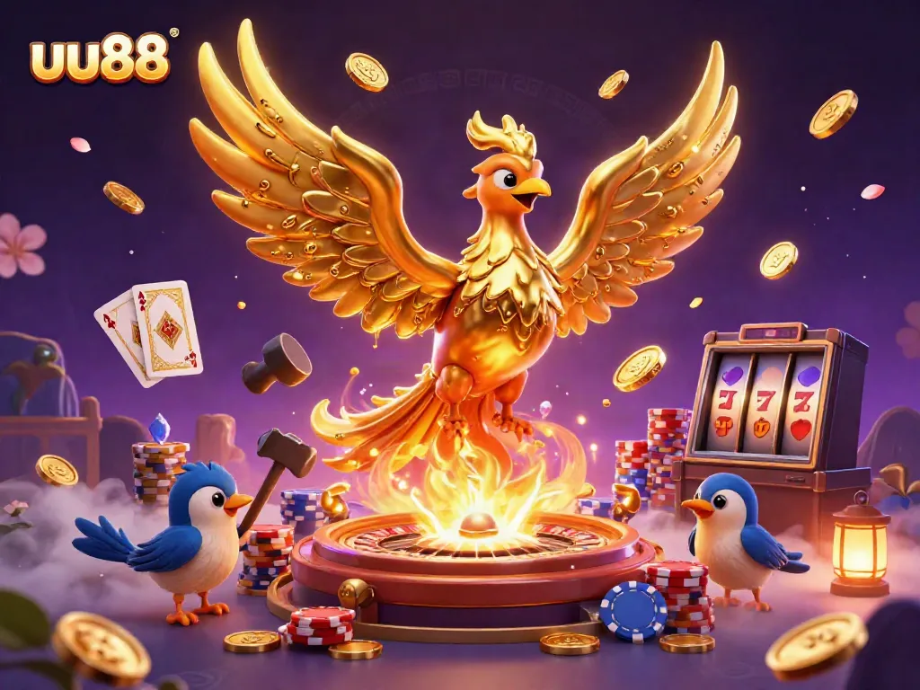Experience the excitement of uu88 with a golden phoenix, spinning roulette, and vibrant casino elements.