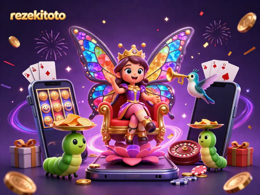 Experience high-stakes gaming with rezekitoto's vibrant slot-themed illustration featuring captivating casino characters and elements.