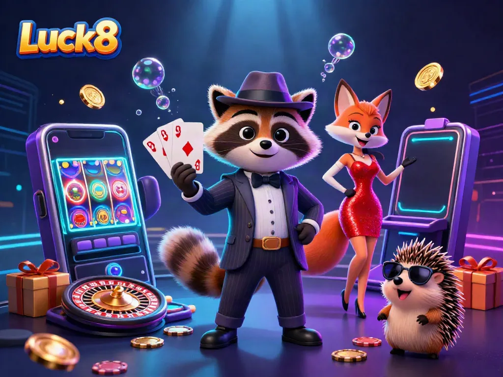 Witness the excitement of Luck8 as a suave raccoon showcases a royal flush in a vibrant casino scene.