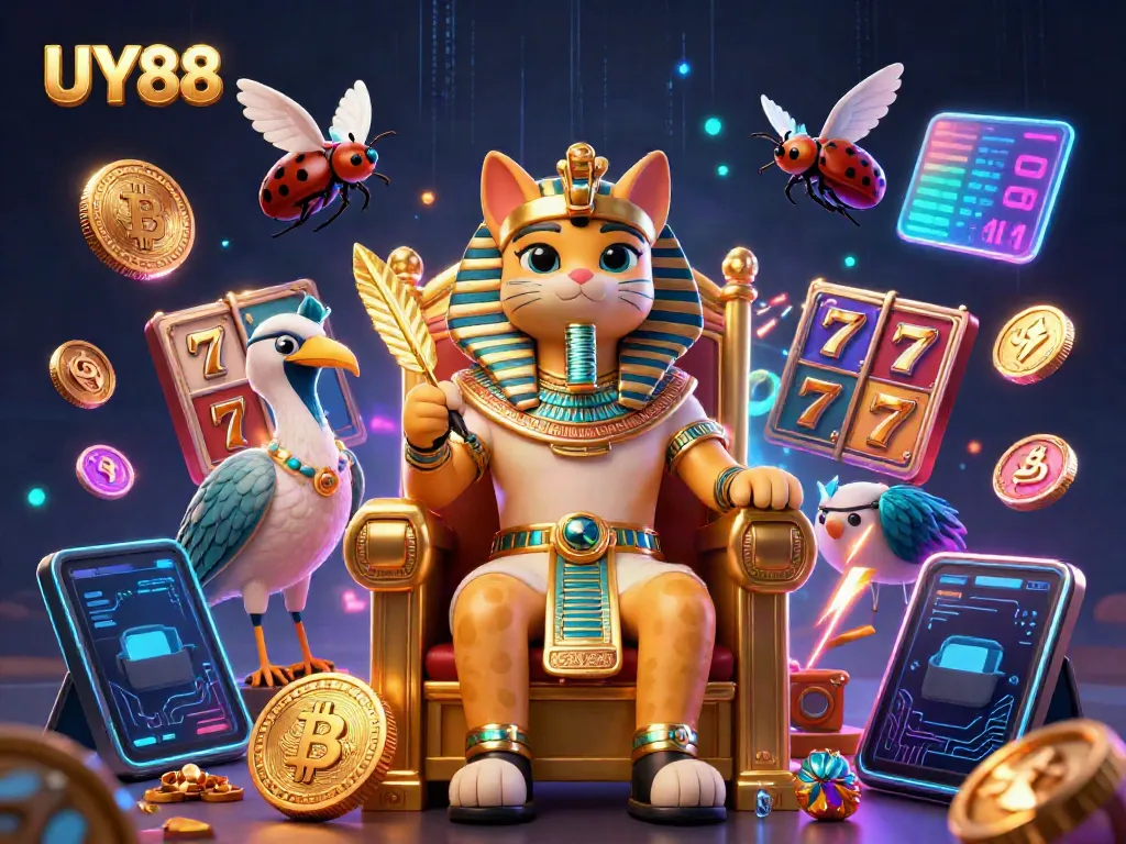 Experience the excitement at UY88 with vibrant jackpots, slot reels, and an Egyptian pharaoh cat throne.