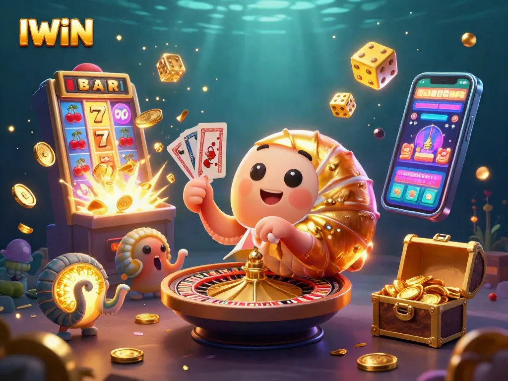 IWIN's vibrant casino scene featuring a giant nautilus roulette wheel with dynamic gaming elements.